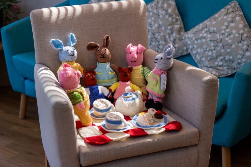 knitted dolls tea party